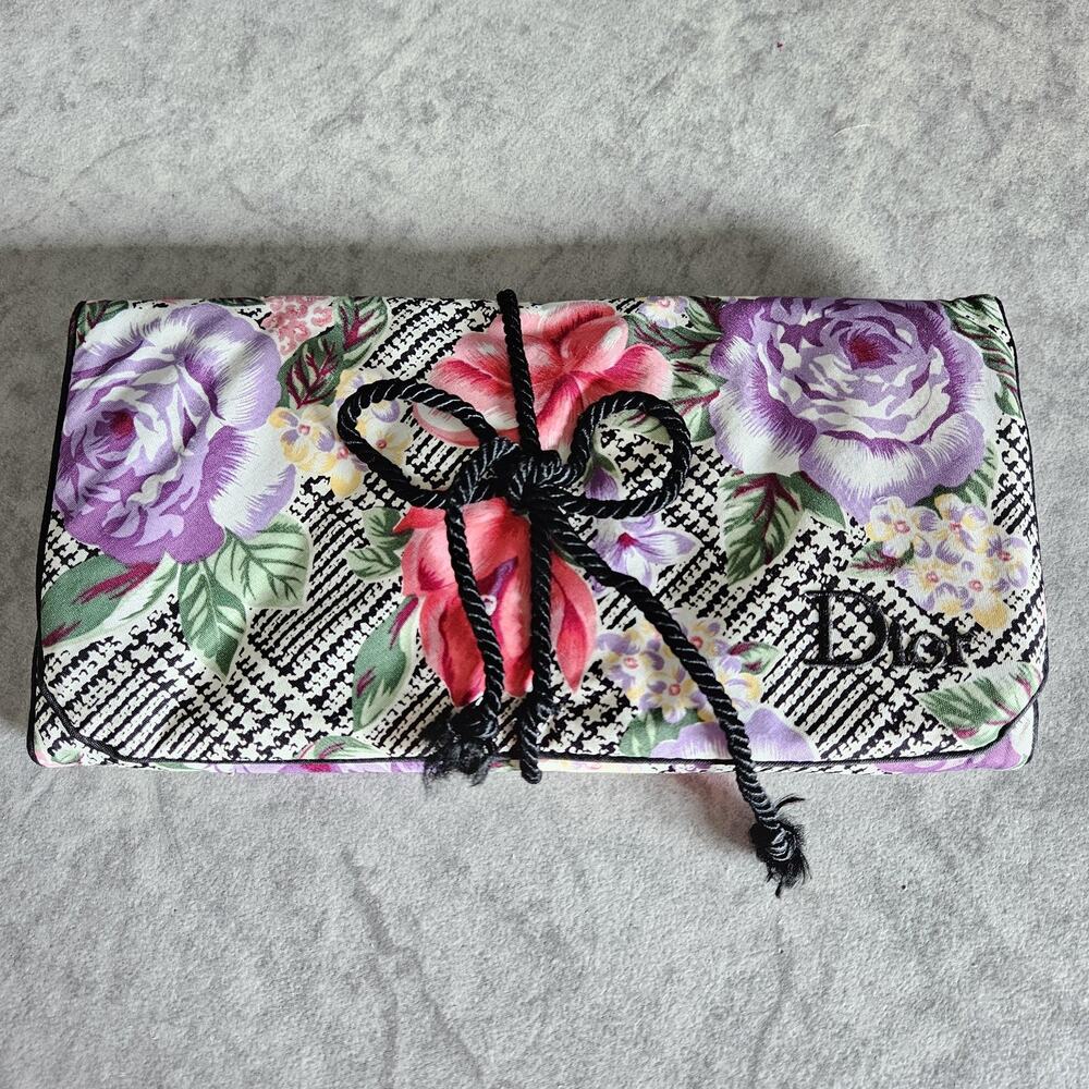 Christian Dior Pink Purple Floral Roll Up Cosmetic Bag Travel Organizer 9.5x5in